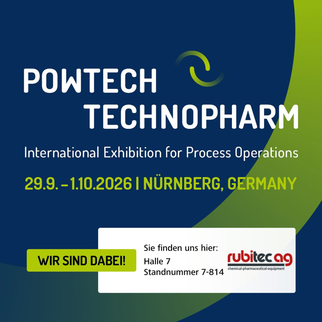 POWTECH TECHNOPHARM 2026, 29.9.–1.10.2026 in Nürnberg – rubitec ag in Halle 7, Stand 7-814